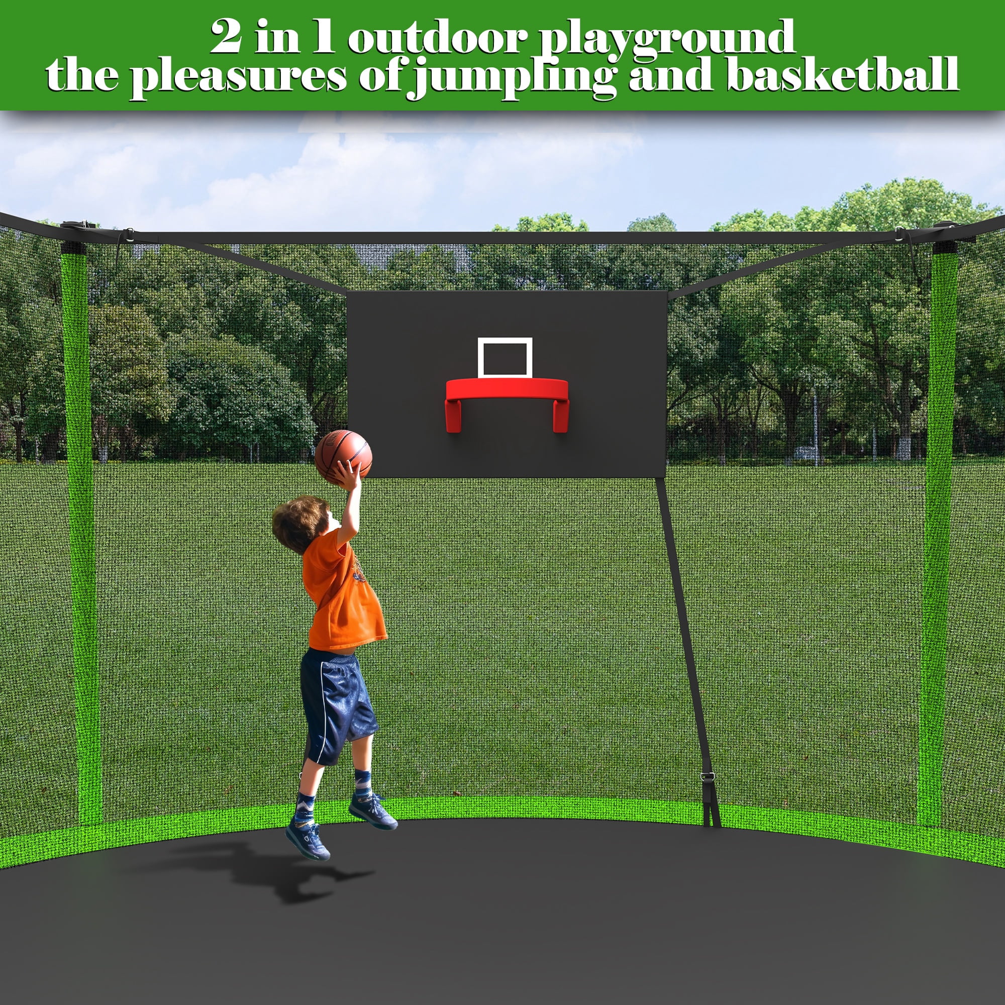 14ft Trampoline with Basketball hoop, SEGMART Upgraded Round Outdoor Kids Trampoline with Enclosure Net, Heavy Duty Backyard Trampoline, Recreational Trampoline for Adults Kids