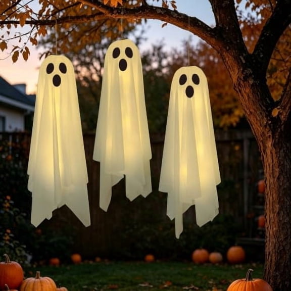 DAZONGE Halloween Outdoor Decor, 3 Pack Light Up Halloween Hanging Ghosts | 5FT Ghost Ornaments Decorations for Tree Yard Patio Porch Halloween Party Outdoor Indoor Decor