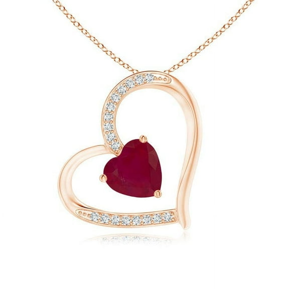 ANGARA Natural Ruby and Diamond Tilted Heart Pendant in 14K Rose Gold for Women (Size-6mm) | July Birthstone, Birthday, Anniversary, Jewelry Gift for Women | Natural Ruby Necklace