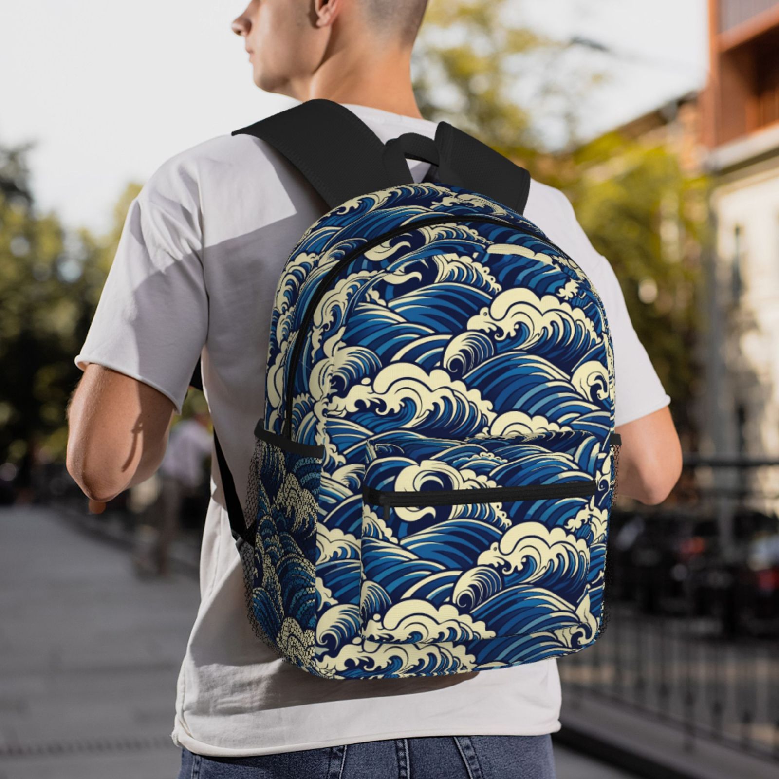 Gukieu Japanese Water Wave Print Backpack, Waterproof Backpack with Adjustable Shoulder Straps, Suitable for Campus, Business, Travel, Unisex
