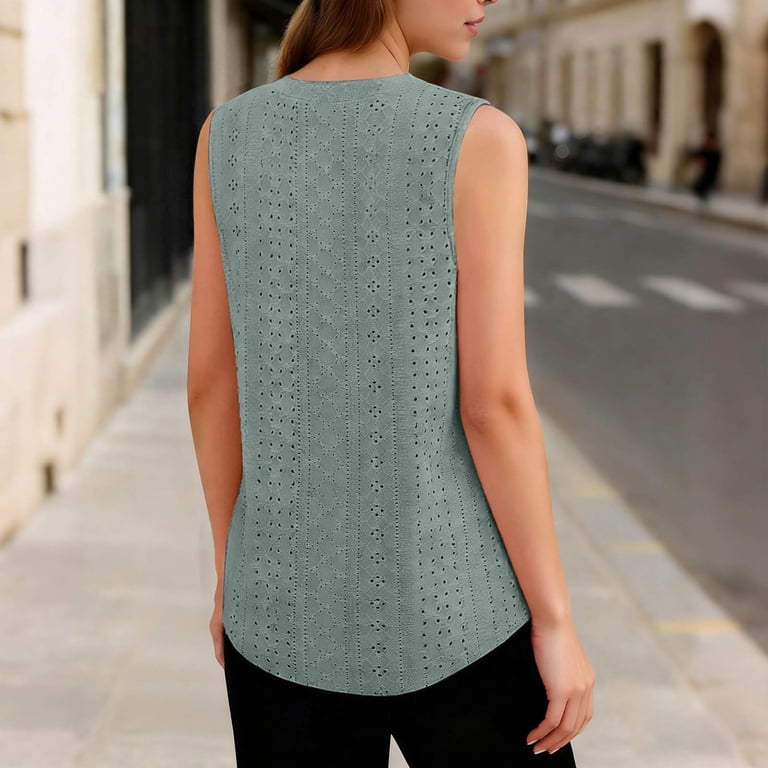 THDHVS Sleeveless Tops for Women,Women Eyelet Detail V Neck