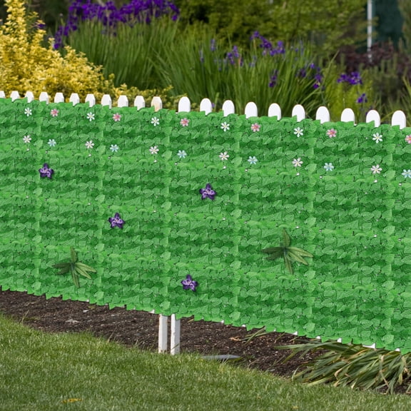 Artificial Ivy Privacy Fence 24-Pack, 15.7" x 11.8" UV Protected Outdoor Privacy Screen with Violet & Daisy Flowers for Garden, Yard, Balcony(Light Green)