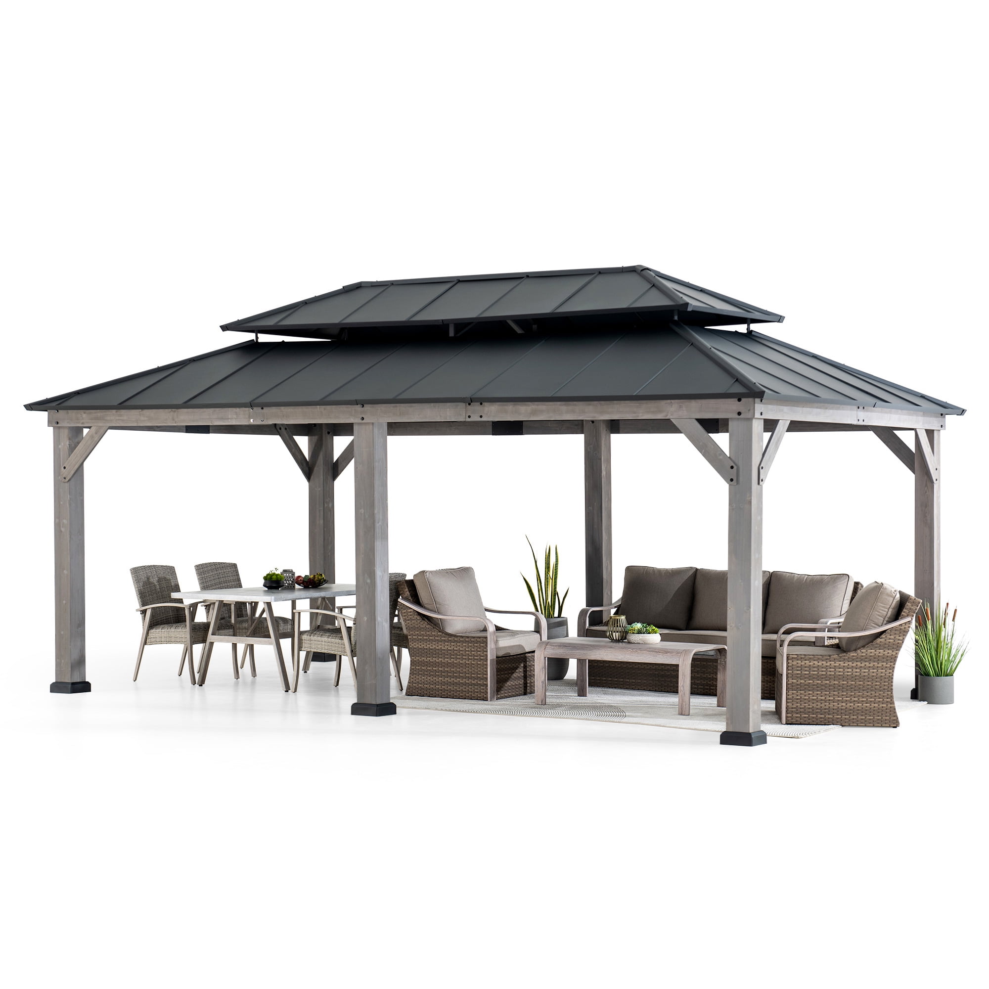Sunjoy Outdoor 12x20 ft. Wood Gazebo, Outdoor Patio Steel Hardtop Gazebo, Cedar Framed Wooden Gazebo with 2-tier Metal Roof, Suitable for Patios, Lawn, and Backyard, Matte Black