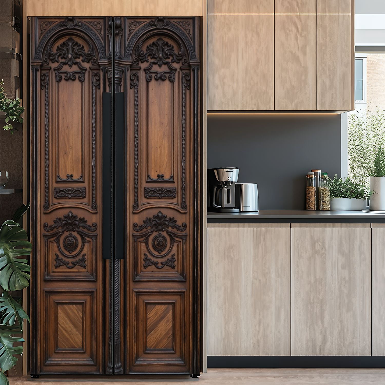Self Adhesive Vinyl Refrigerator Wrap Set Ancient brown hard wooden door window Beautiful church entry Door Mural Removable Fridge Sticker Peel and Stick&nbsp;Full Door Cover Decal Kitchen Bar Decor