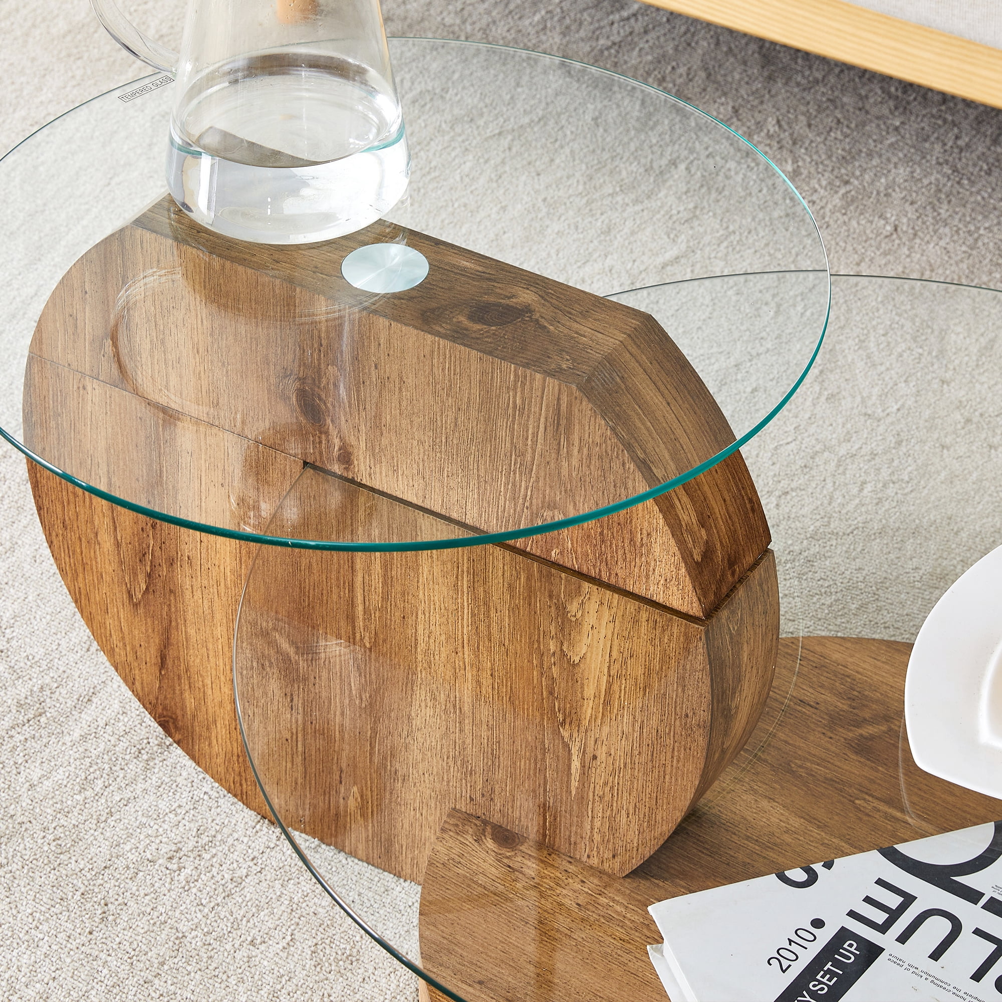 JUFU 35.4" Glass Coffee Table, Modern Round Coffee Table with MDF Base, 2-Tier Tempered Glass Top, Easy to Assemble, Ideal for Living Room, Small Space, Home Office