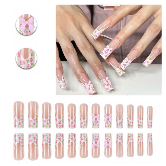 RAGUPEL 24Pcs Glue on Nails for Women,Hand-Painted Flowers Nail Tips Square,Dimensional Bow Press on Nails Long,Full Cover Nail Tips for Daily Life,Dating,Party,Taking Pictures,Style1