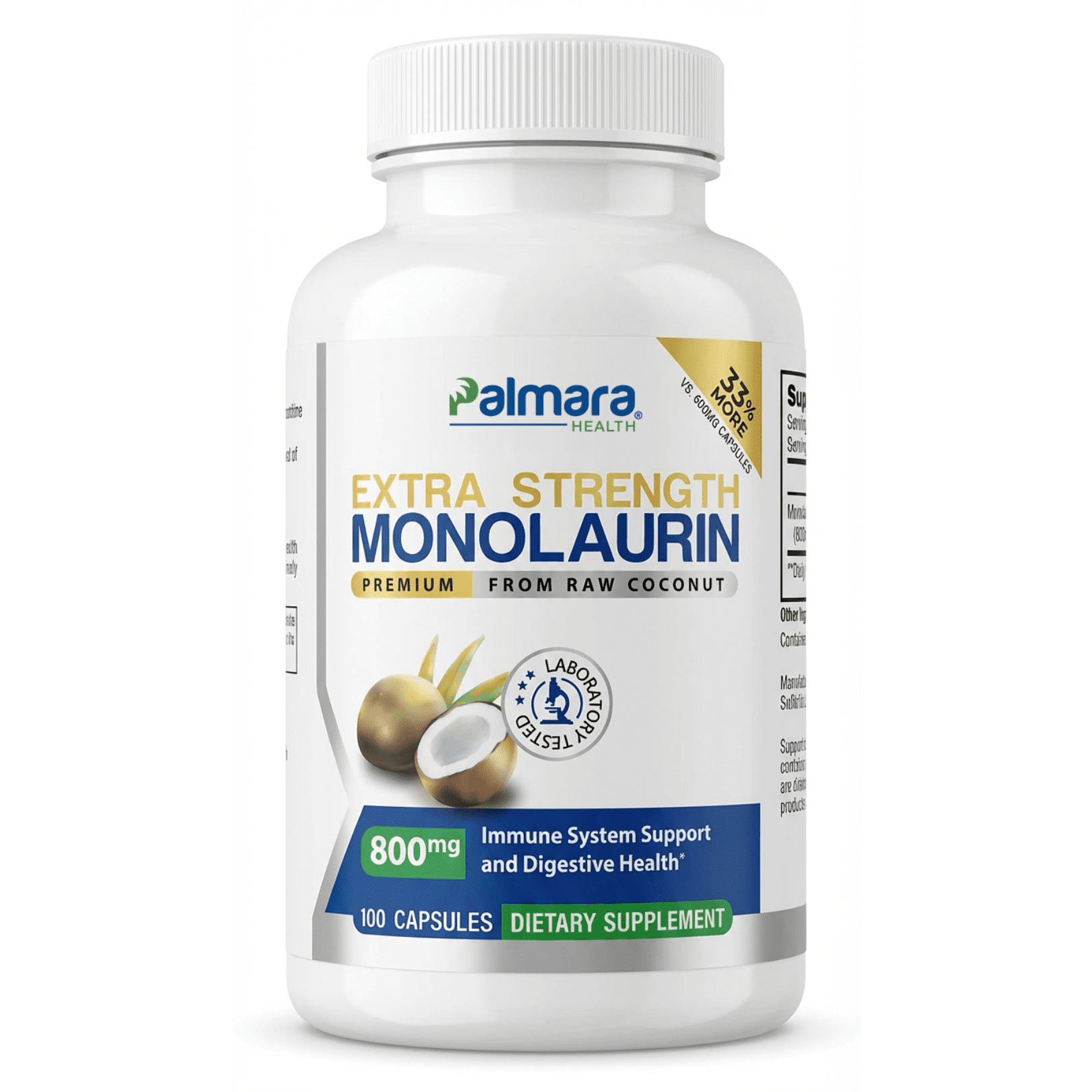 Monolaurin 800mg - Extra Strength Formula - 100 Vegan Capsules - Palmara Health