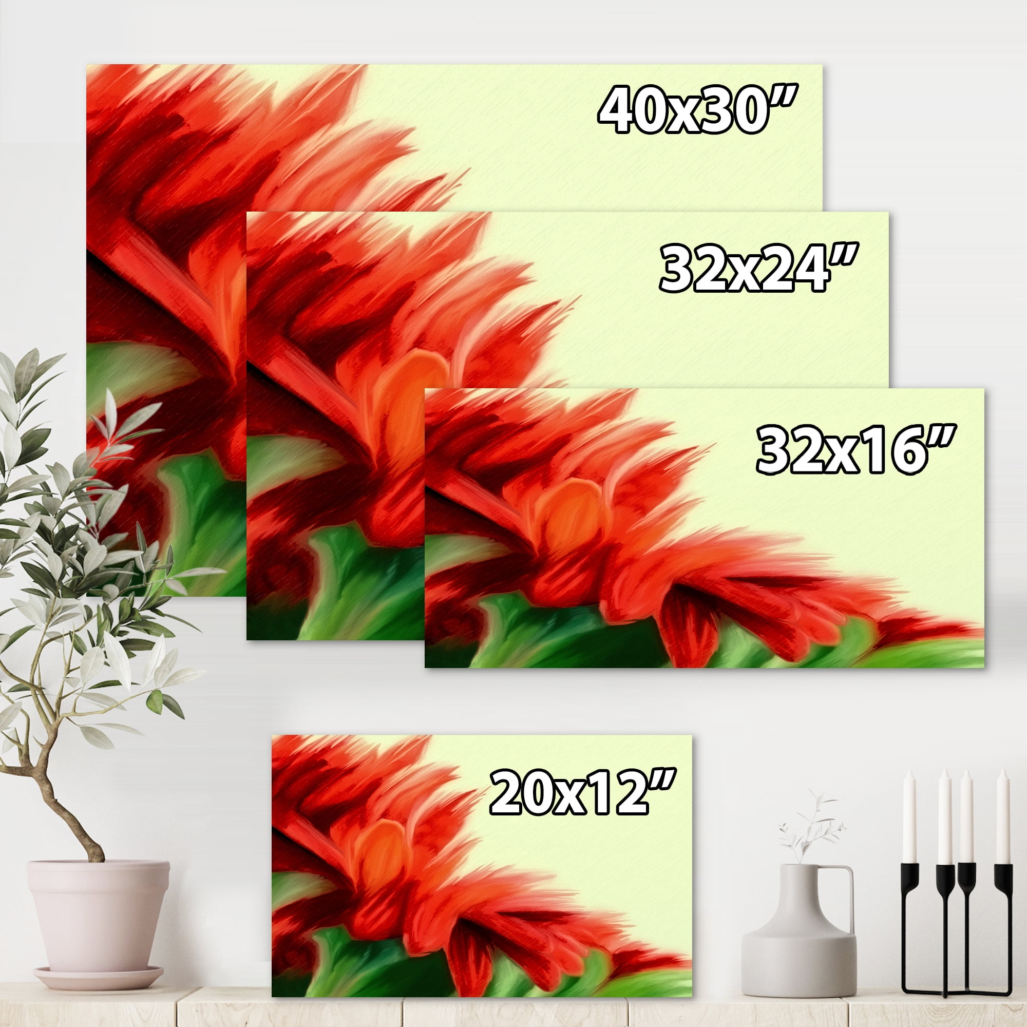 Red Floral Brush Strokes On Green 8 in x 12 in Painting Canvas Art Print, by Designart