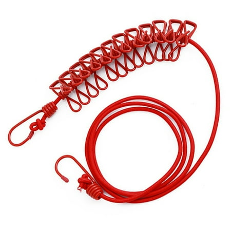 

GeweYeeli Outdoor Portable Clothes Line Elastic Windproof Camping Laundry Rope with 12 Clips Metal Hooks Red