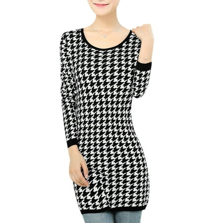Allegra K Womens Casual Round Neck Houndstooth Pattern Tunic Knit Top Bl...