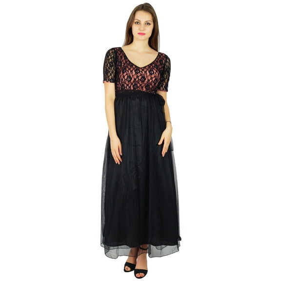 Bimba Womens Full Length Maxi Dress Black Net Prom Party Lace Gown