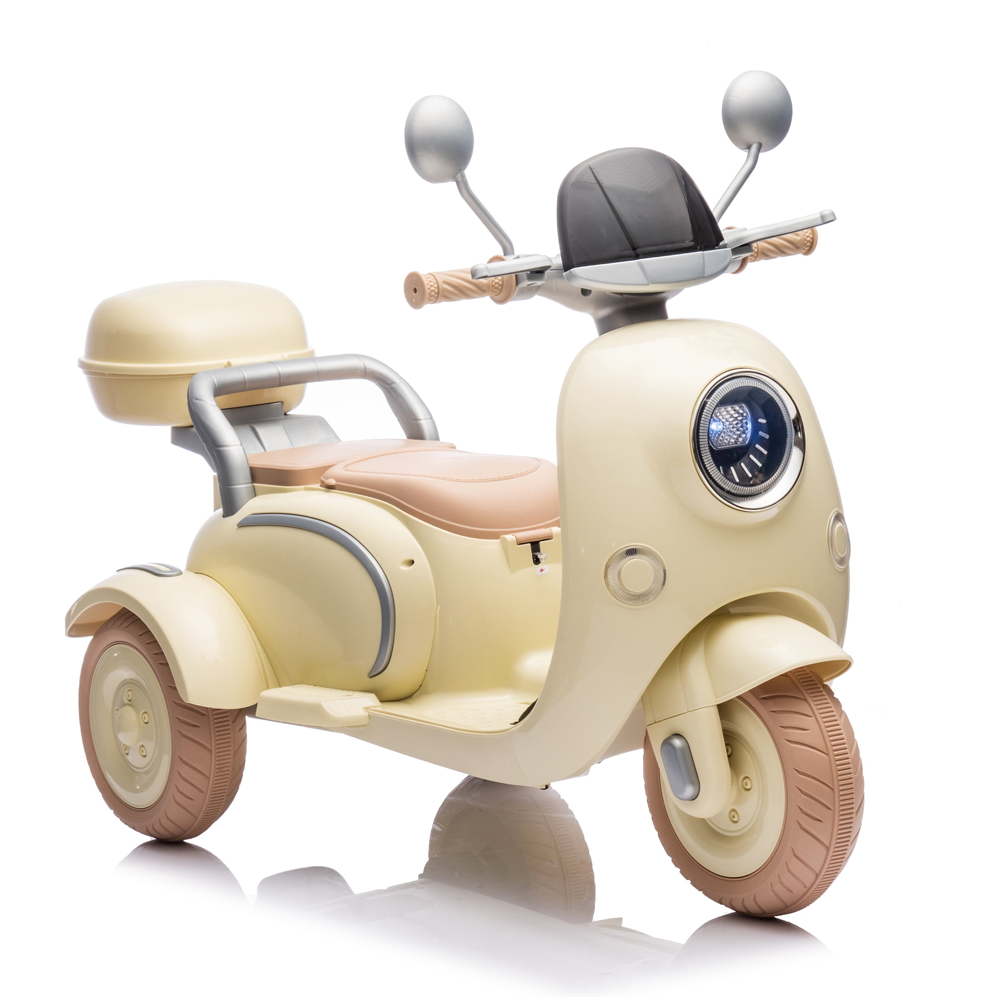 Cirui 2 Seater 12V Kids Motorcycle,3 Wheel Ride Dual Motorcycle,Toy 12V Electric Motorcycle with Front LED Light/USB/Storage Box,Beige