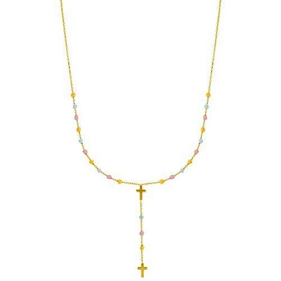 JewelStop 14k Tri-Color Gold Diamond-Cut Beaded Lariat Rosary, Spring Ring Clasp, 2.7gr.