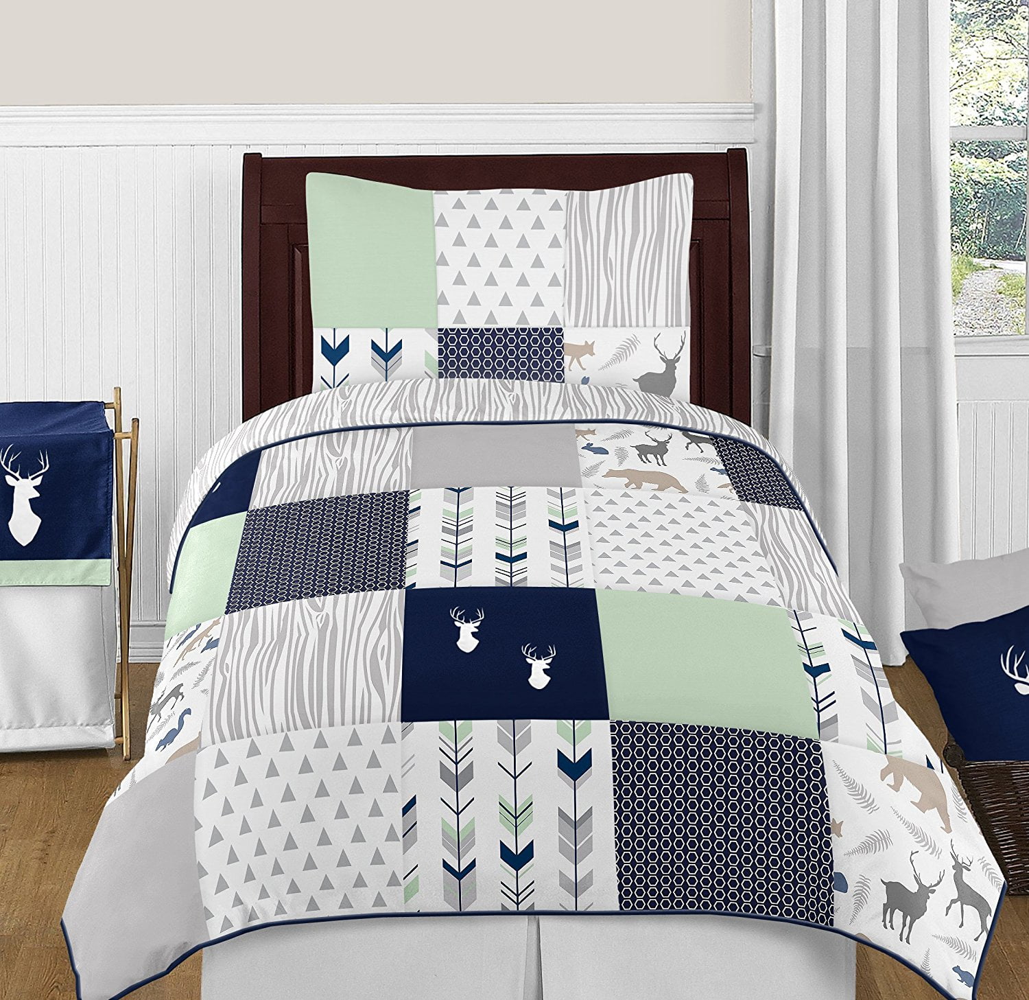 Navy Blue, Mint and Grey Woodsy Deer Boys 4 Piece Kids Childrens Twin