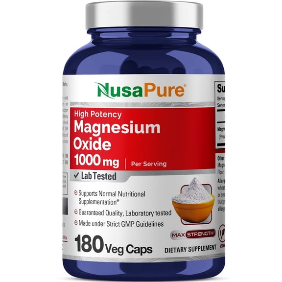 NusaPure 1,000mg Magnesium Oxide - 180 Veggie Caps, Non-GMO & Gluten-Free, Dietary Supplement for Unisex Adult Health & Wellness - Made in USA