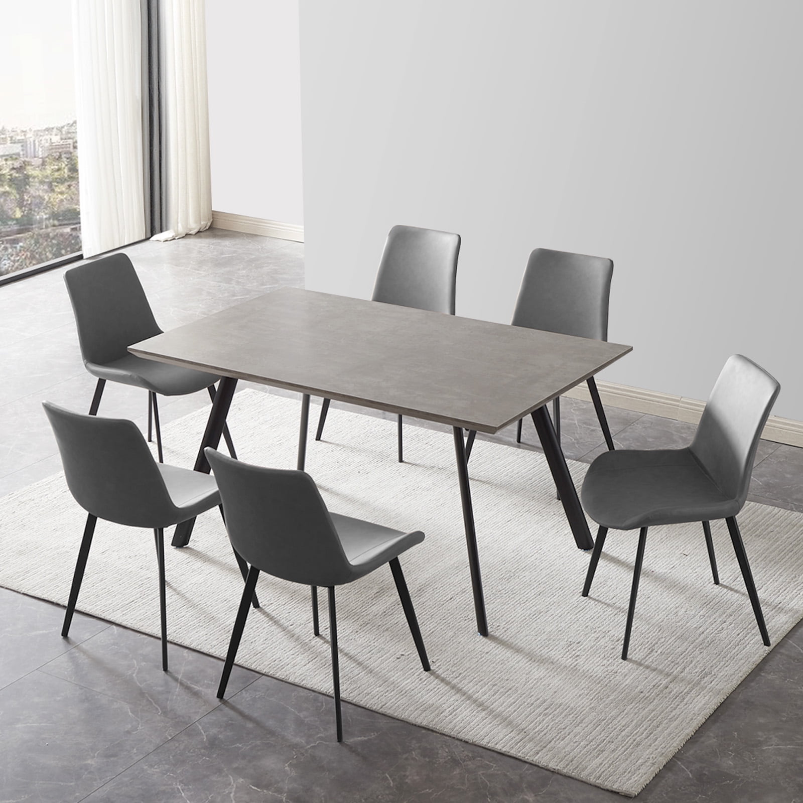 Dining Table Set for 6, Wood Rectangle Kitchen Table and Leather Chairs