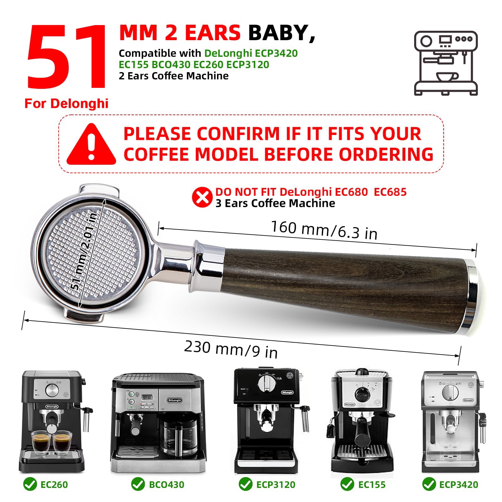 51mm Bottomless Portafilter for Delonghi ECP3420, EC155, BCO430, EC260 | 2 Ears Stainless Steel with Walnut Handle & Double Shot Basket(51MM forDelonghi ECP3420/EC155 | 2 Ears)
