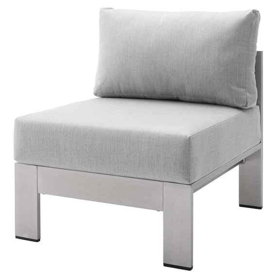 Sofa Middle Chair, Sunbrella, Fabric, Aluminum, Metal, Steel, Silver Grey Gray, Modern Contemporary Urban Design, Outdoor Patio Balcony Cafe Bistro Garden Furniture Hotel Hospitality