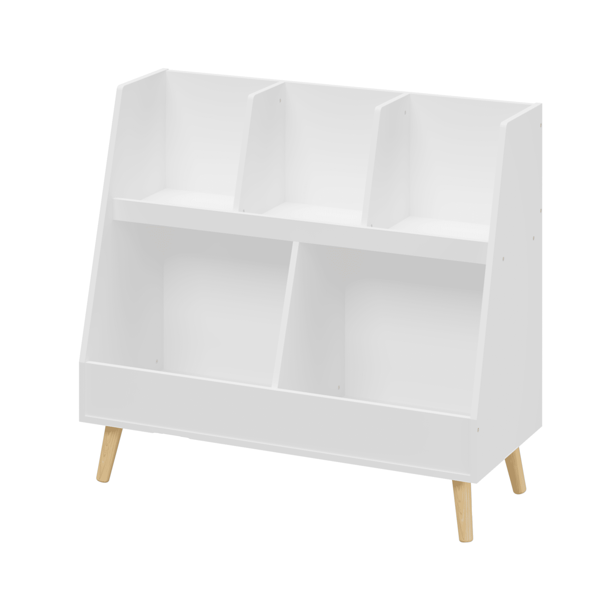 White Kids Bookshelf with 5 Cubbies, 28.54" Toy Organizer for Bedroom & Nursery, 2-Tier Storage Bookcase
