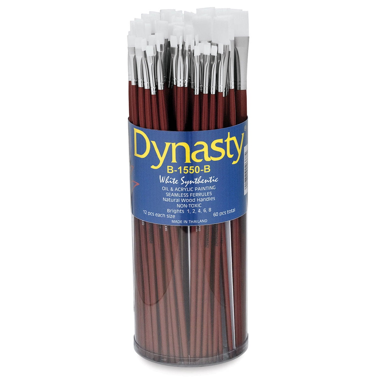 Dynasty B-1550 Finest White Synthetic Classroom Cylinders, Flat Type, Long Handle , Assorted Sizes, Set of 60
