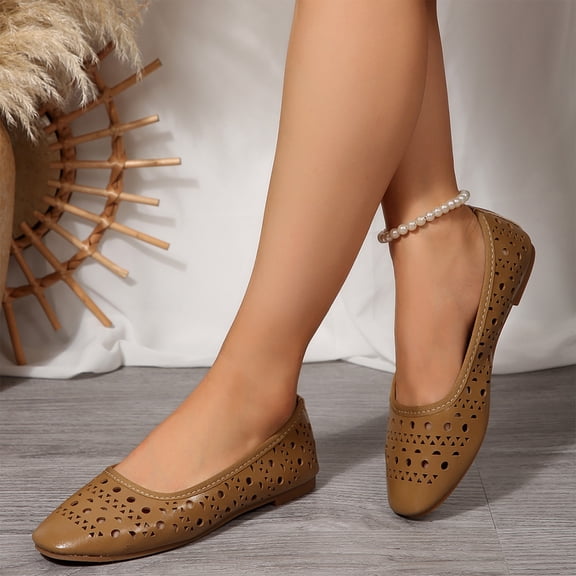 HTHLVMD Hollow Design Casual Shoes, Lightweight Summer Shoes, Everyday Comfortable Flats, Women's Cut-Out Perforated Ballet Flats, Breathable Slip-On Casual Shoes, Khaki 5.5