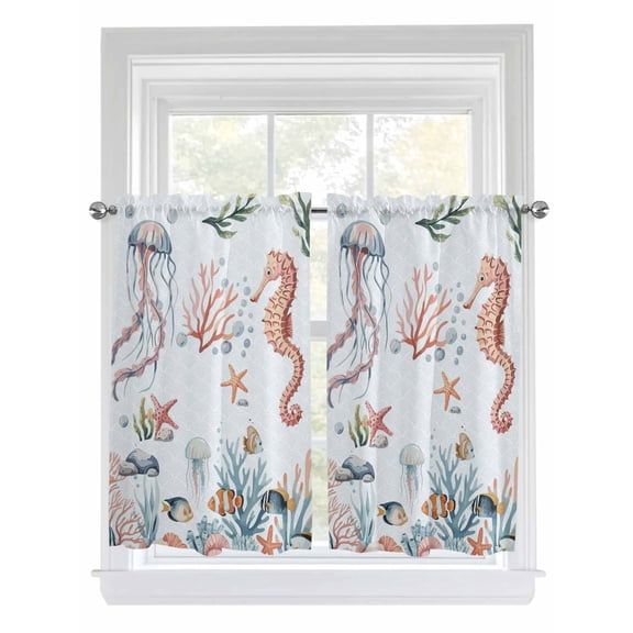 Seahorse Coastal 2 Panel Kitchen Curtains for Windows, Summer Beach Ocean Shell Jellyfish Starfish Bathroom Privacy Curtain, Home Décor Window Treatment for Bedroom/Living Room 55"x45"