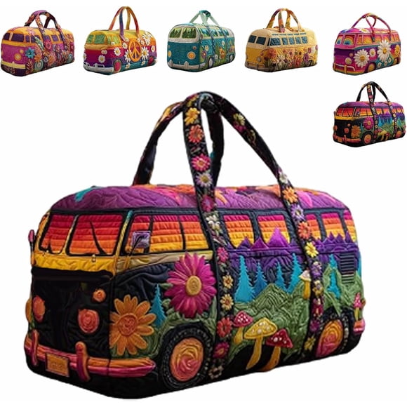Hippie Van Quilted Duffle Bag, Boho Travel Weekender Bag with Adjustable Strap, Retro Style for Everyday Travel (Large (18"x9"x9")),#06,Large (18"x9"x9")