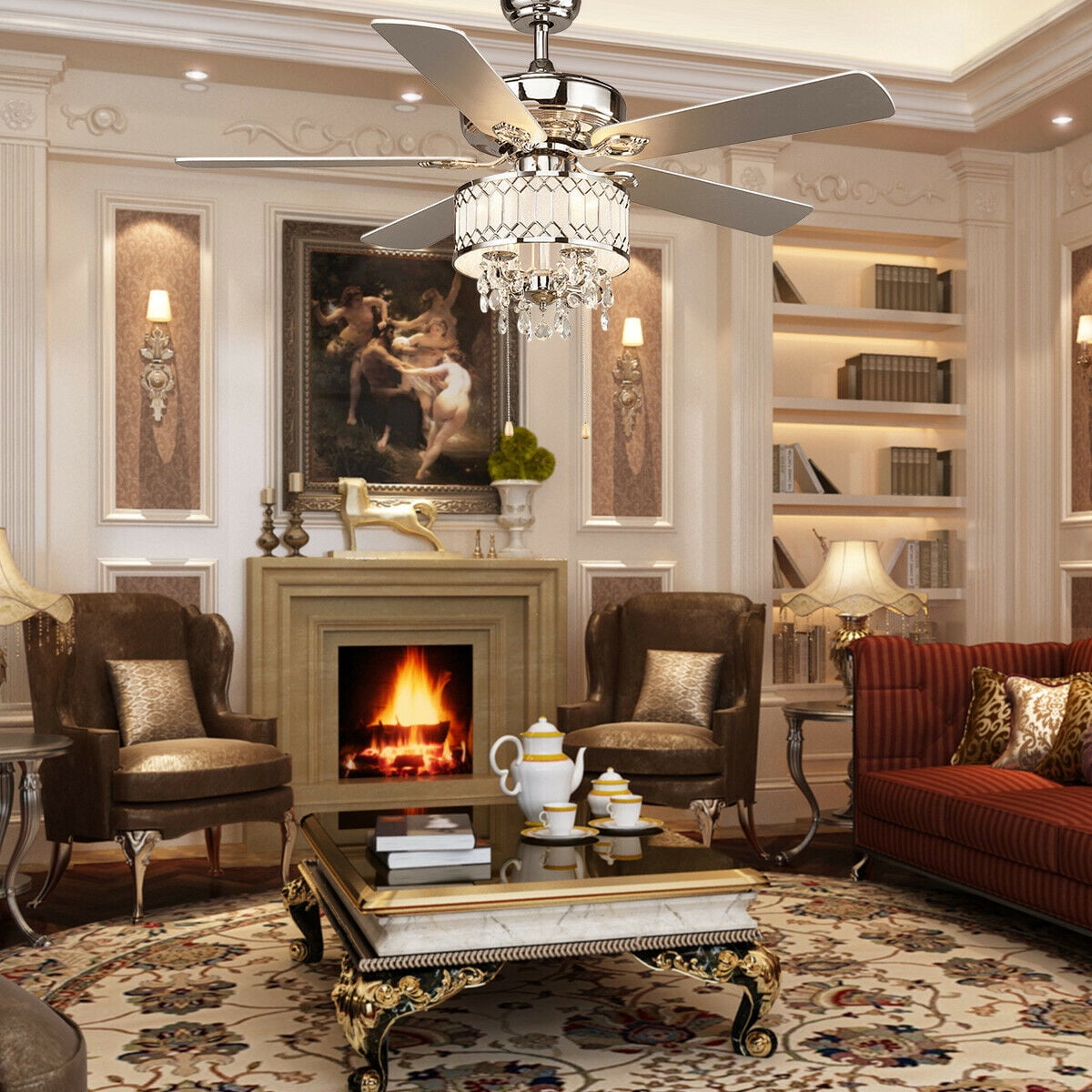 Costway 52 in Classical Crystal Ceiling Fan Lamp w/ 5 Reversible Blades Pull Chain Home Silver