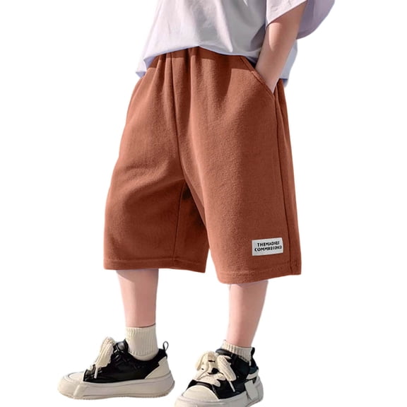 Kids Boys Solid Color Athletic Shorts Knee Length Casual Sportswear with Pockets Elastic Waistband Stylish Bottoms for Summer Brown 6 Years-7 Years