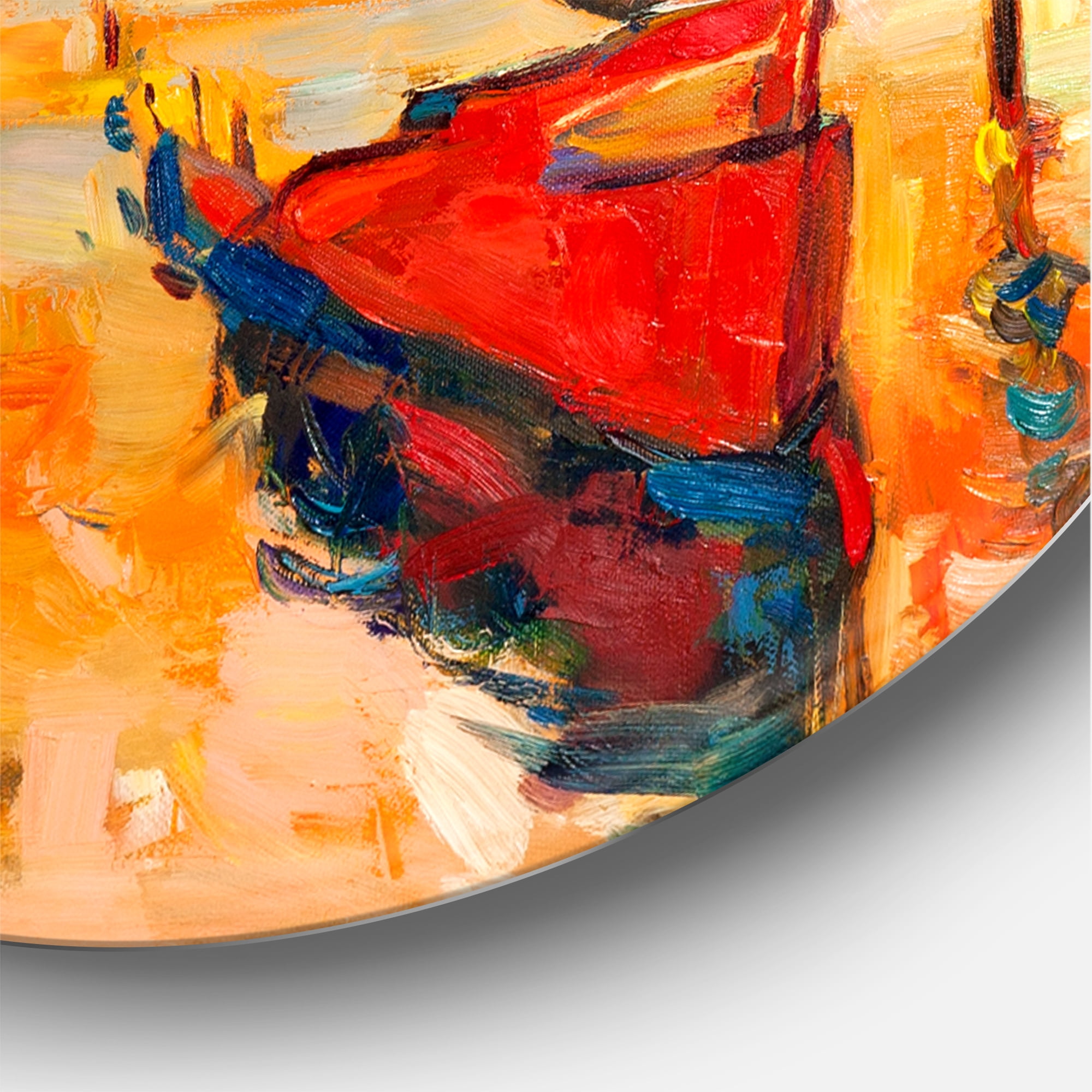 Designart 'Boat At The Lake During Evening Glow VIII' Nautical & Coastal Circle Metal Wall Art 29x29 - Disc of 29