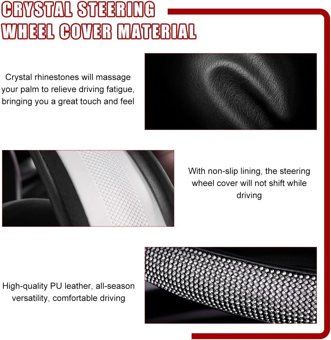 Bling Car Steering Wheel Cover, Sparkling Crystal Rhinestone Auto Wheel Protector, Anti Slip Cover Fit 15 Inch Steering Wheel for Women Girls, Universal Car Accessories (Black)