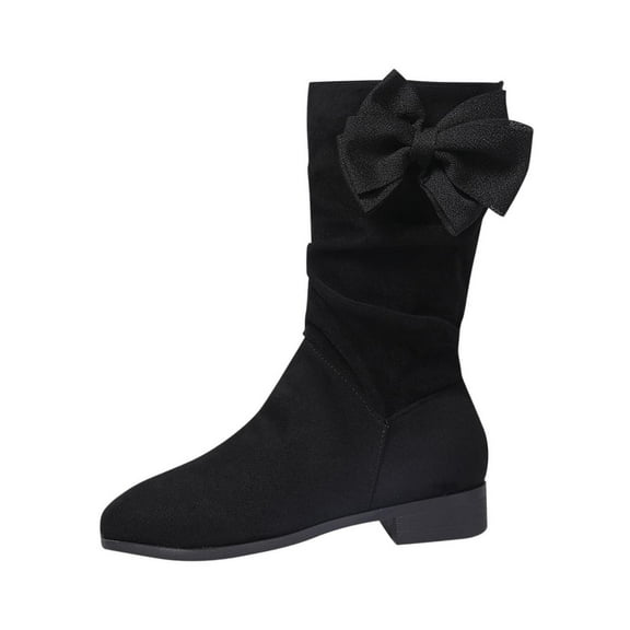Black Ladies Knee-High Boots With Bow Embellishment And Low Heel For A Stylish And Comfortable Winter Shoe