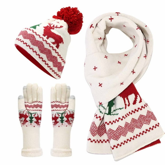 3 Pieces Women Winter Christmas Hat Gloves Scarf Set Knit Classic Long Scarf Warmer Gloves For Christmas Gifts White