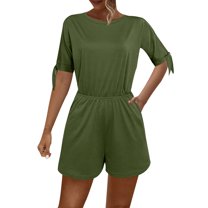 cfhntfmh Womens Casual Jumpsuit Half Sleeve Round Neck Loose Outfits Summer Solid Color Comfy Shorts Rompers with Pockets