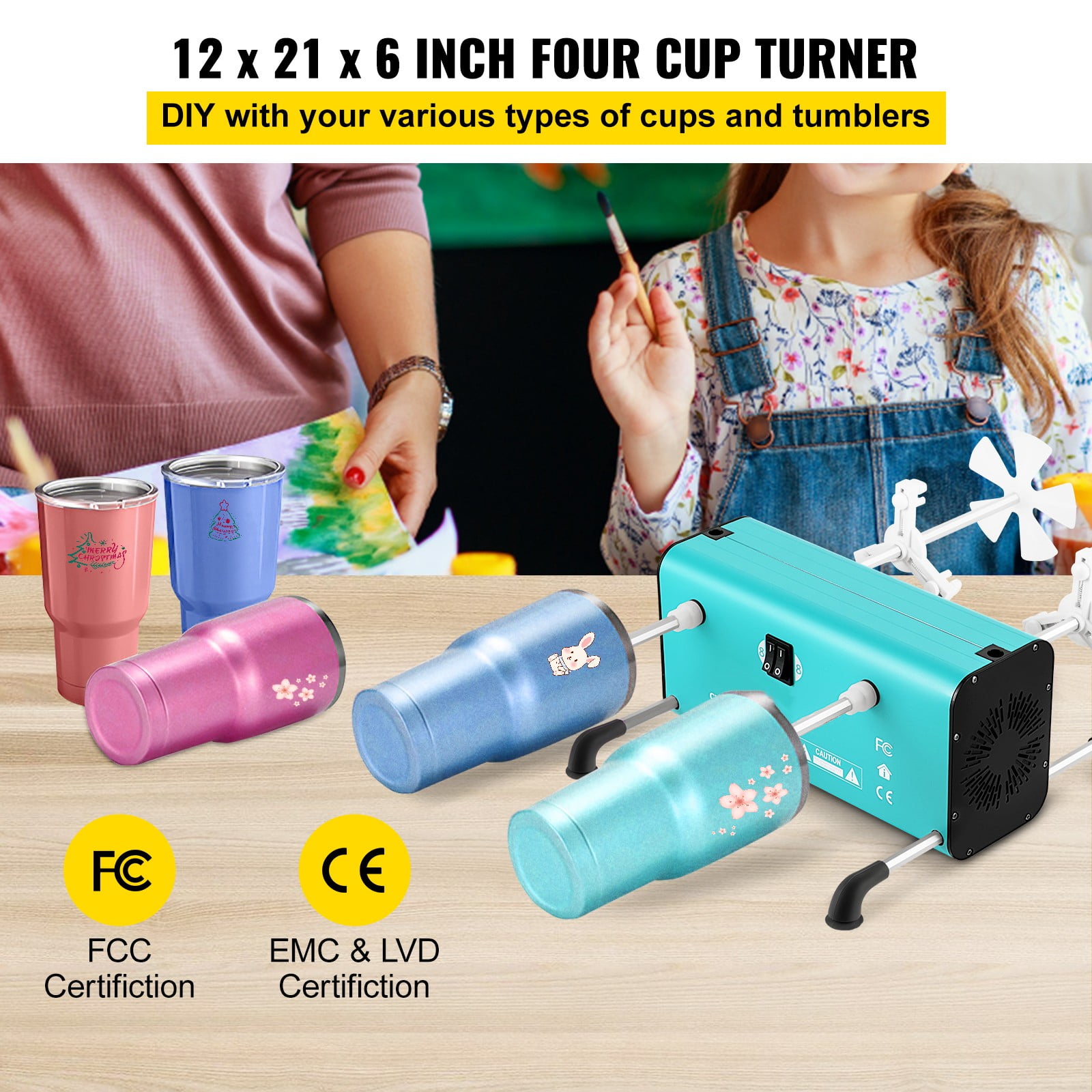 VEVOR 4 Cup Turner for Crafts Tumbler, 2 Speeds Multiple Tumbler Spinner Rotator Machine Kit with 4 Removable and Adjustable Arms, Mute Motor, 4 Independent Switches for DIY Epoxy Glitter Crafts