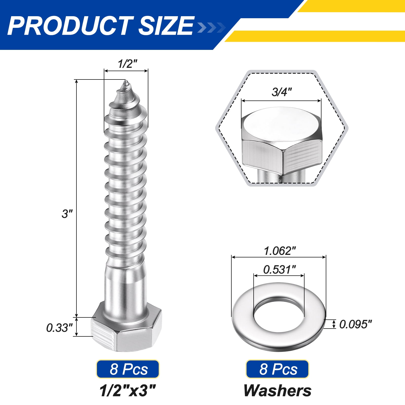 Uxcell 8 Pcs Hex Head Lag Screws - 1/2"x3" Stainless Steel 18-8 (304) Lag Bolts Hexagon Head Heavy Duty Wood Screws with Flat Washers for Wood, Decks, Fences, Furniture, Silver