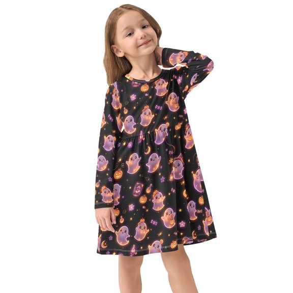 Girls Dress Soft Casual Long Sleeve Cute Dress for Girls Fashion Prints Beautiful Halloween Ghosts Crew Neck