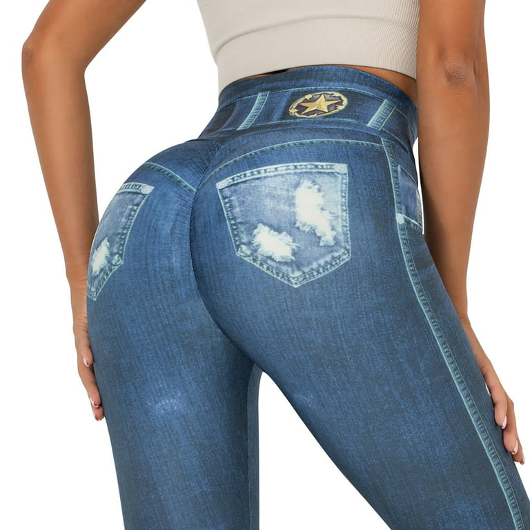 women leggings tummy control for work Women's Denim Print Jeans Look Like  Leggings Stretchy High Waist Slim Skinny Jeggings
