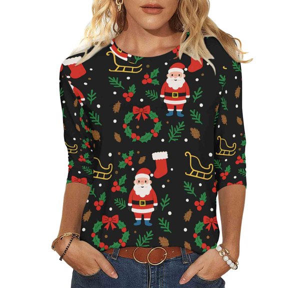Christmas Sweatshirts for Women 3/4 Length Sleeve Christmas Tops Xmas Graphic Pullover Sweater Blouses Fleece Xmas Holiday Blouses Tops