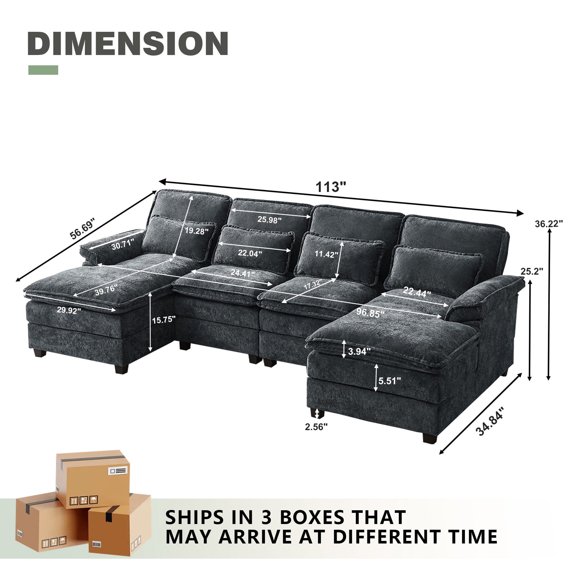 Soscana 113" Sectional Sofa Oversized U Shaped Couch with Double Chaise,Cloud Couch with 4 Waist Pillows,Modern Linen Seating Furniture for Living Room Office Studio Apartment,Gray