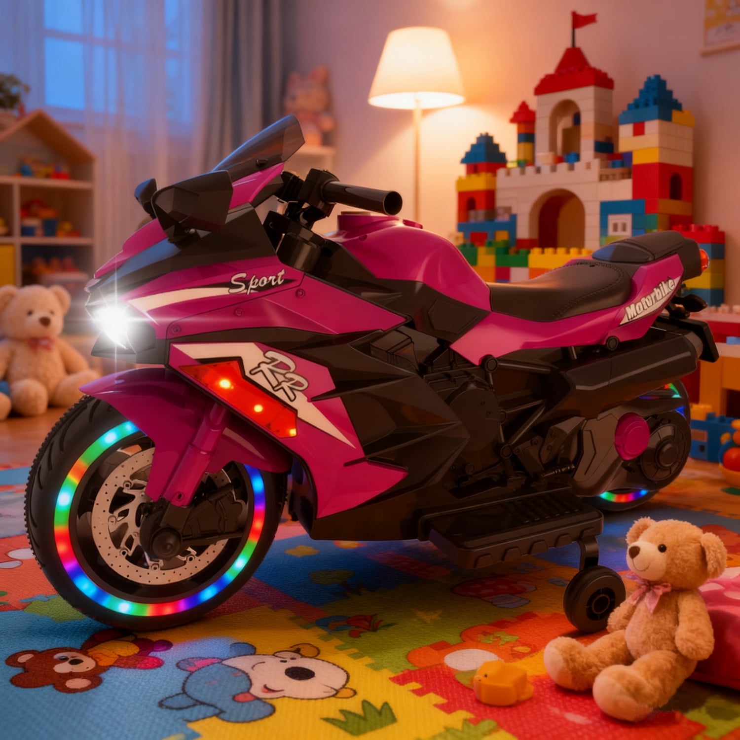 TaTee 12V Kids Electric Motorcycle, Battery Powered Ride-On Toy with Training Wheels for Boys & Girls Ages 3-6, Bluetooth Music & LED Lights, Purple
