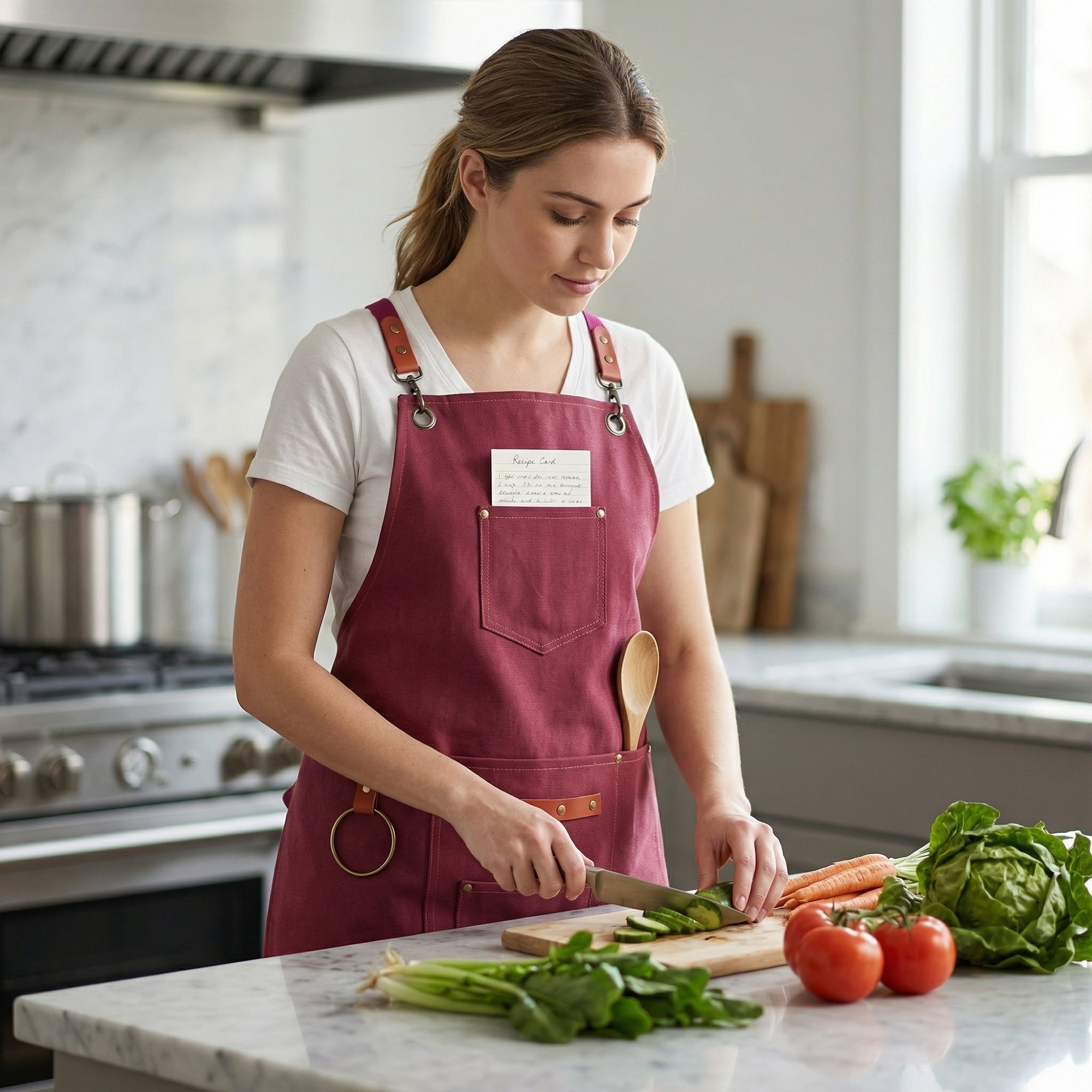 Unique Bargains Adjustable Cooking Apron with Pockets for Home and Kitchen Brick Red