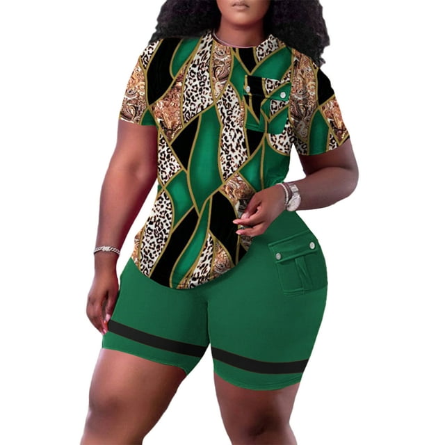 Fashnice Ensemble de Jogging pour Femmes Col Rond Ensembles de Détente Taille Élastique Deux Pièces Tenue Décontractée Gym T-Shirts+Shorts Imprimé Vert TP