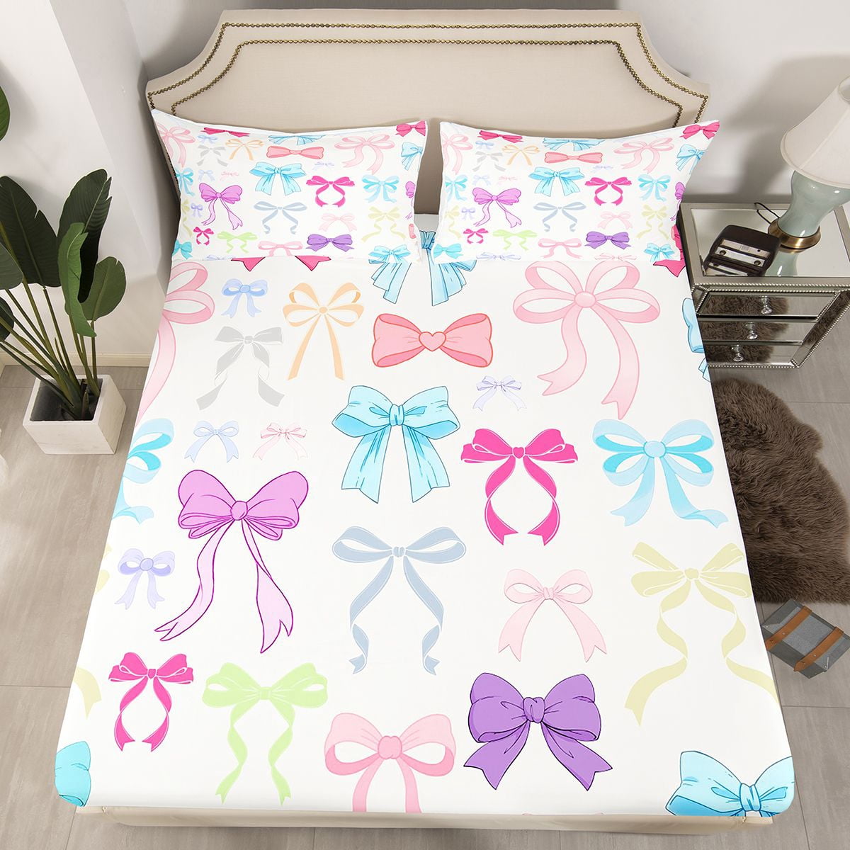 Homewish Colorful Bow Knot Queen Sheet Sets,Princess Cartoon Bowtie Flat Sheet,Multicolor Bowknot Queen Fitted Sheet For Kids,Luxury Bedroom Decor,4pcs