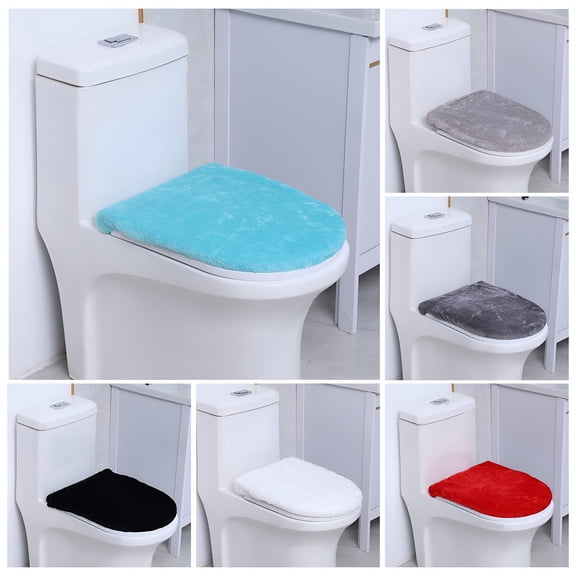 AUQ Solid Color Toilet Lid Cover: Ultra Plush Elastic Band Non-Slip Material Washable Universal Fit