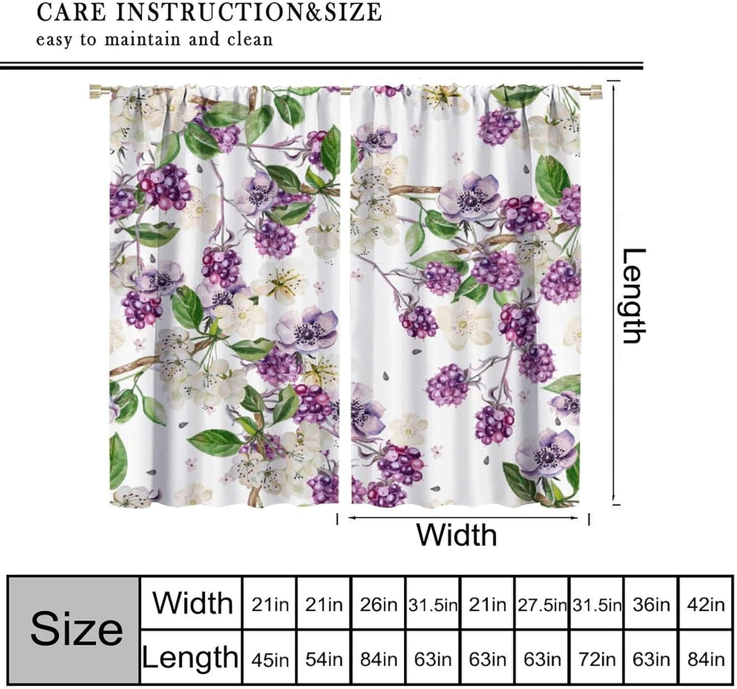 Purple Floral Curtains Spring Watercolor Flowers BlackBerry and Anemone Pattern Print Living Room Curtains for Women Girls Room Window Blackout Curtains 84x84 Inches 2 Panels
