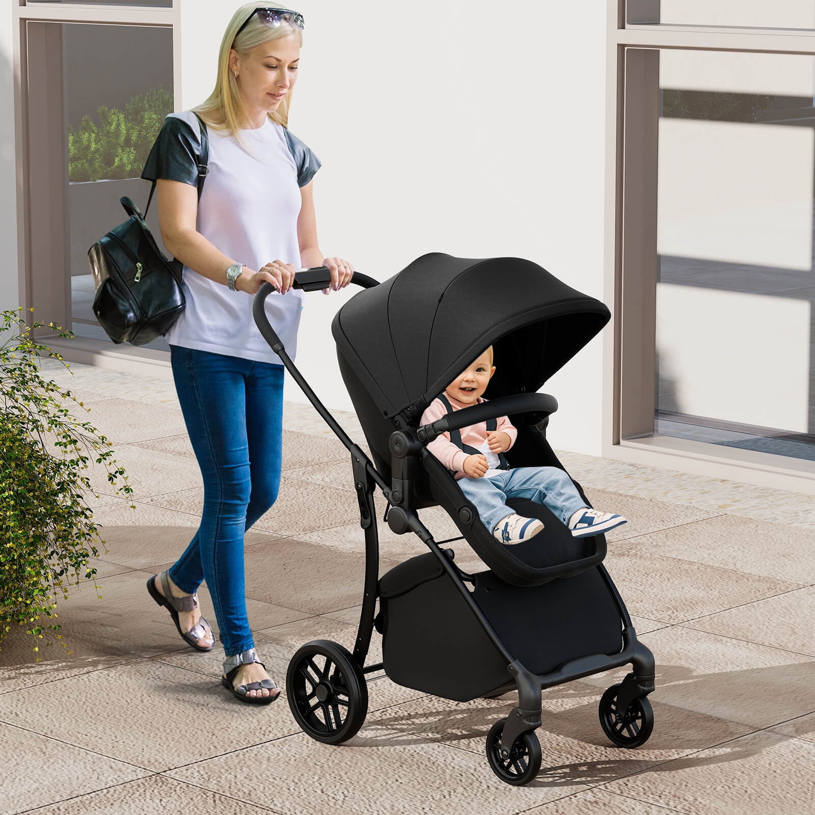Babyjoy 2 in 1 Baby Stroller Folding High Landscape Pushchair with Bassinet Mode Black