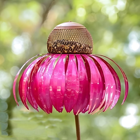 ACDANC Coneflower Bird Feeder Iron Standing Bird Feeder Backyard Flower Pole Bird Feeder Garden Art Metal Birdfeeder Garden Decoration