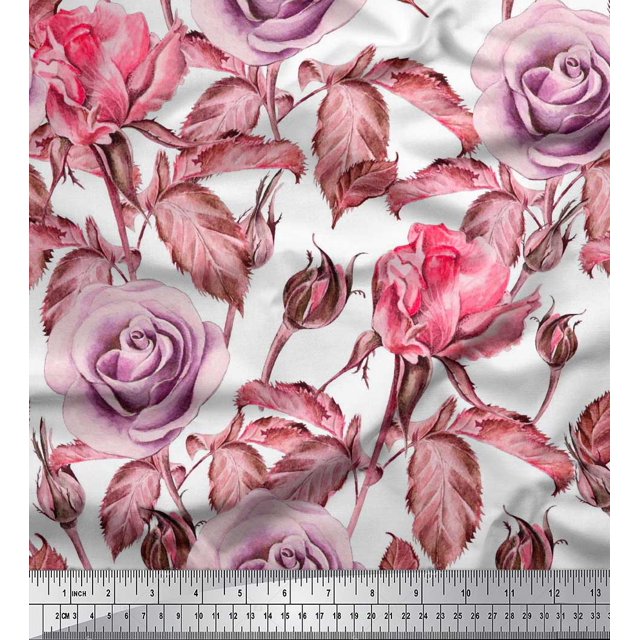 Soimoi Rayon Fabric Leaves & Rose Flower Printed Fabric 1 Yard 42 Inch Wide