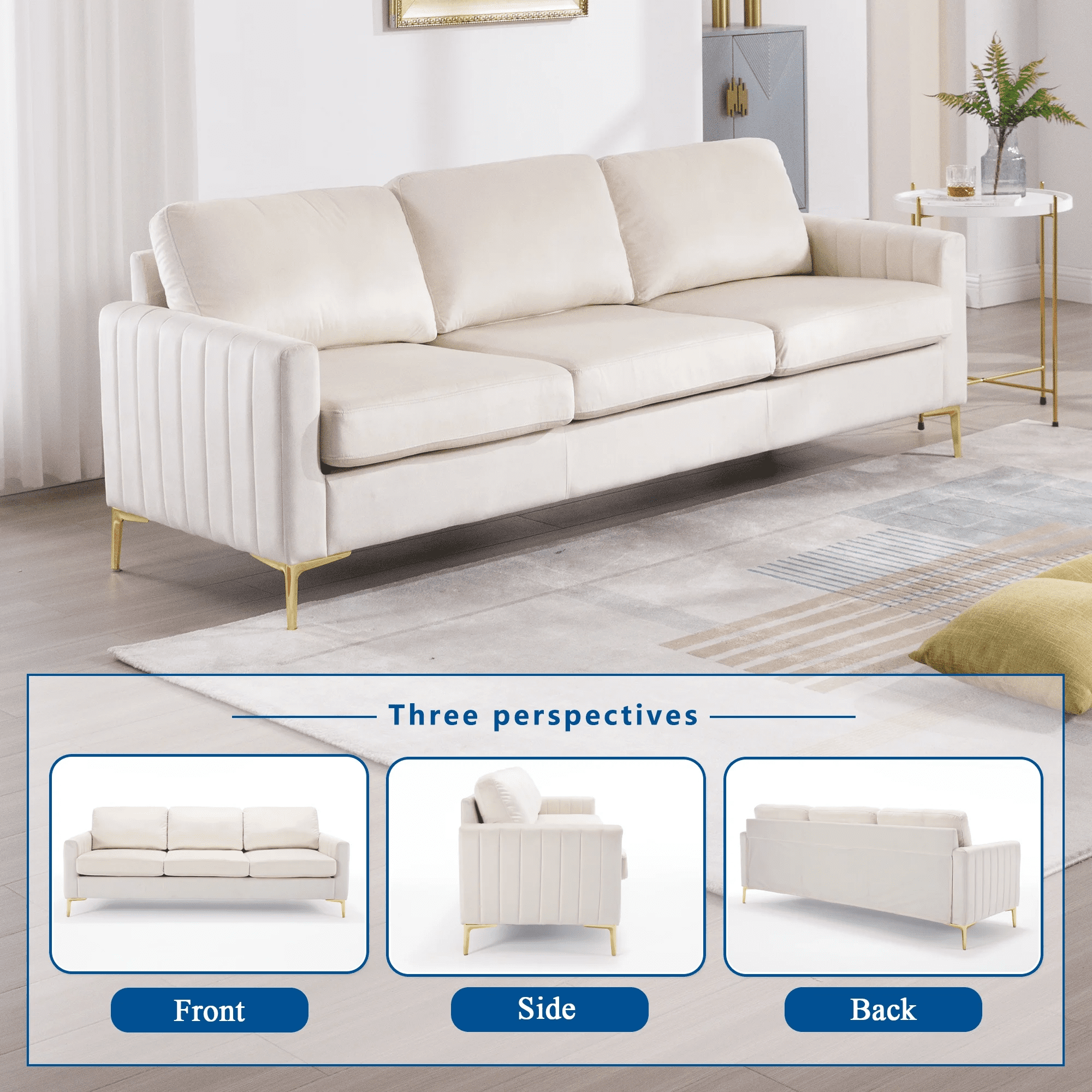 Muumblus 3 Pieces Velvet Living Room Furniture Sets, Modern Two Single Sofa Chairs and One 3-Seater Sofa Couch, Beige